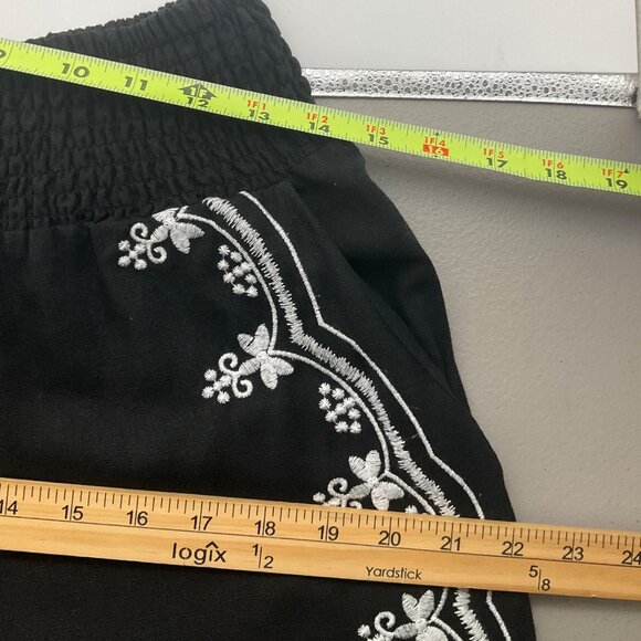 Tahari Medium Black Wide-Leg Pants Embroidered Pull On Linen Blend - Picture 6 of 11